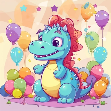 a foolish and cute girly dinosaur having fun in a birthday party, clipart style, girly background party with balloons