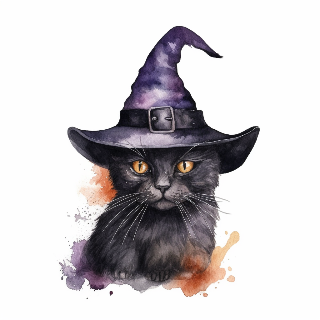 cat in a witches hat, watercolor clip art, gothic colors, isolated ...