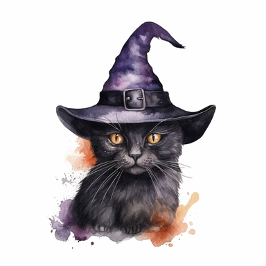 cat in a witches hat, watercolor clip art, gothic colors, isolated white background, 8k