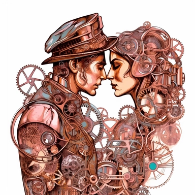 Against the stunning sight of a steampunk steam train, a couple's lips meet for their first kiss. The interplay of copper, gears, and mechanical elements reflects their shared passion and the allure of the retro-futuristic world. Ultra high quality, intricate detail, retro-futurism, pastel clipart, white background