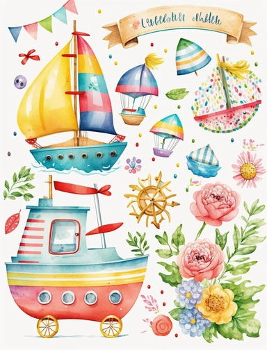 watercolor cute boats elements, clipart, vibrant rainbow colors, white background, 8k, high reso