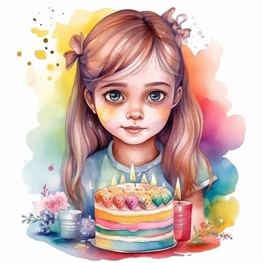 boho little girl next to cute rainbow birthday cake, big eyes, belle, Disney princess, beauty and the beast, very detailed and realistic, watercolor, clipart style