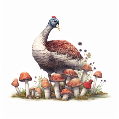 mushrooms with a hen, clipart, white background, dreamcore, ar 3:2
