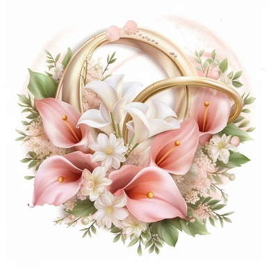 clipart with peach roses, pink peonies, white calla lilies, green stems and leaves, white baby's breath, soft, dreamy pastel colours. Red hearts and gold wedding rings