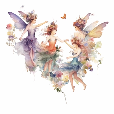 Fantasy Style Ancient Rome style flying tiny flower fairies with watercolor effect,Many flowers,suitable for digital clipart,white background,Mythologic Scene,Ancient rome fashion