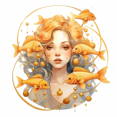 Pisces zodiac sign as fantasy cute girl surrounded by two golden fish, water theme, Watercolor pisces Zodiac Sign Clipart, 8k, detailed white background, uplighted