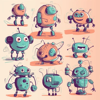 clipart collection of scribbles and illustrations of a group of generative AI bots featuring an author bot, a coding bot, an illustration bot, photographer bot and an assistant bot, all non-binary characters, professional web design, friendly, cool, modern web illustration, two-tone, cute, playful, helping