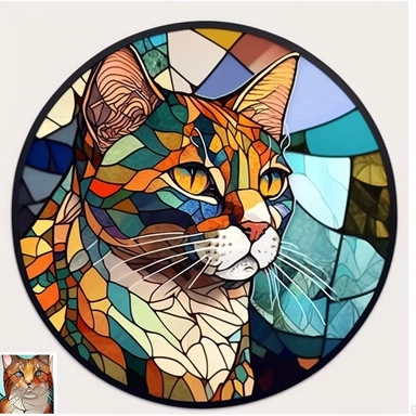 Stained Glass cat ornament,in the style of circular, артур скижали-вейс, animated mosaics clipart on a white background, shutterstock contest winner, generative art, detailed painting, digital illustration, photoillustration isolated on white background, digital watercolor