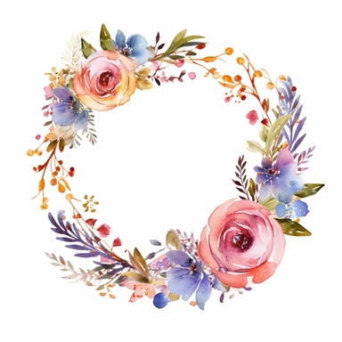 clipart, isolated on white background, Watercolor spring floral gold wreath, detailed, ornated, vivid and vibrant and saturated colors