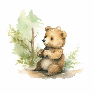 little baby, brown bear,neutral nursery art,cute bear, baby clothes, cotton clothes,intricate,disney, baby light green,baby light blue, baby light ocher,hairy, cotton, beautiful trees,enchanted Forest,realism, watercolor painting, enchanted Forest, solid background, white background, vintage outfit, oil painting, photobashing, tattoo design,clipart--v 5