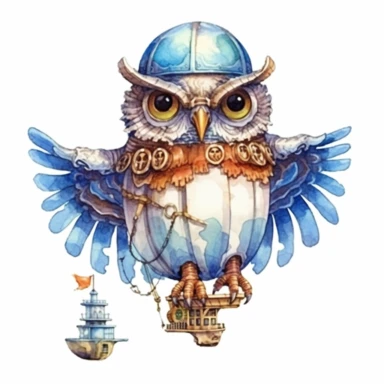 Clipart with white background: Capture the allure of an alternate reality by painting a steampunk fantasy owl against a backdrop of towering airships and floating islands watercolor