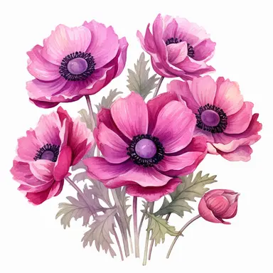 Magenta anemone flower bunch arranging in a line shape, watercolor, clipart, highly detailed, HD, pastel color