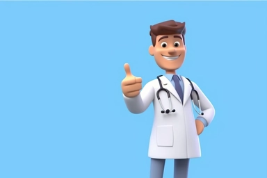 3d render. Cartoon character young caucasian man doctor, wears uniform, shows like gesture thumb up. Medical clip art isolated on blue background. Health care recommendation