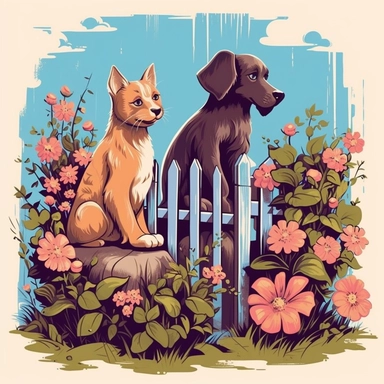 A clipart image of a dog and a cat, separated by a fence, the dogs side has lots of plants and flowers and looks like a popular place to visit, while the cat's side is more modernized, with the cat sitting inside of the house, watching the dog from a wide window.