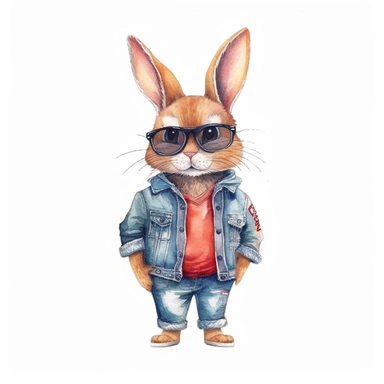 A detailed illustration of a very cute and friendly bunny with a big personality, , wearing clothes, Hand drawn watercolor clipart in the style of Nidhi Chanani on white background