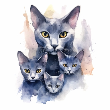 Korat Cat family, watercolor, sharp illustration clipart, insane detail, white background
