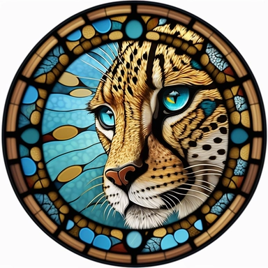 stained glass round window close-up cheetah clipart, vivid colors, realistic stained glass
