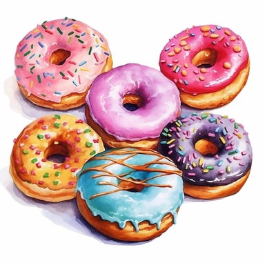 High resolution, Watercolor Donut Clipart, Sweet Bakery Food, hyper realistic painting, clipart, With white background for removing, no text on image