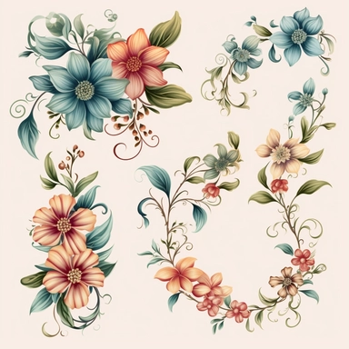 Floral Elements: A set of intricately designed floral clipart, including flowers, leaves, and vines, perfect for creating beautiful compositions