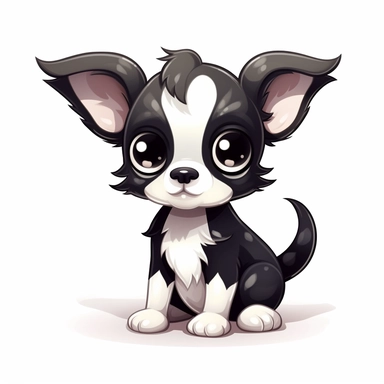 clipart, cute black and white Chihuahua puppy character, Cartoon style, adorable, ultra-high details, white background, chibi, kawaii, big bright eyes
