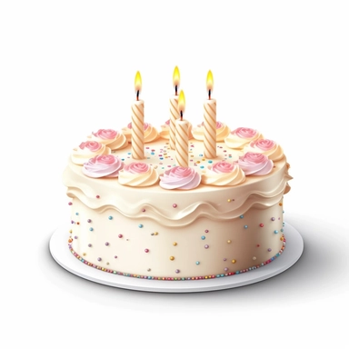Create a high-quality clipart image of a perfectly frosted vanilla birthday cake with small-sized symmetric candles. Show a round cake with smooth vanilla buttercream frosting, meticulously decorated with small and symmetrically arranged candles.
