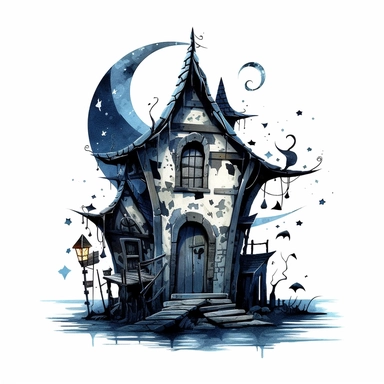 creepy magic witch's house crescent moon and stars clipart, detailed, white background, illustration painting, collaged constructions, digital art, watercolor, in the style of sculptural and geometric, forced perspective drawings, Geometric brushstrokes form an intriguingly abstract, in the style of dark fantasy, creepy frightening repulsive images, frightening, painterly figure, by Pablo Picasso, by Wassily Kandinsky, by Zdzisław Beksiński