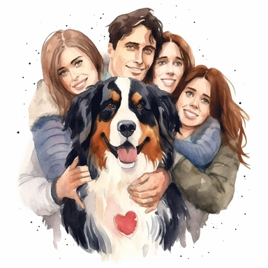 Loving Bernese Mountain Dog surrounded by a loving family, with its head held high and a heart full of affection, white background, watercolor clipart.