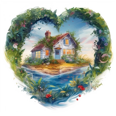 painting of a heart with a summer cottage inside of it, in the style of enchanting realms, nature-inspired installations, bloomcore, mesmerizing colorscapes, skillful, fluid and organic, cottagecore, clipart, blank white background