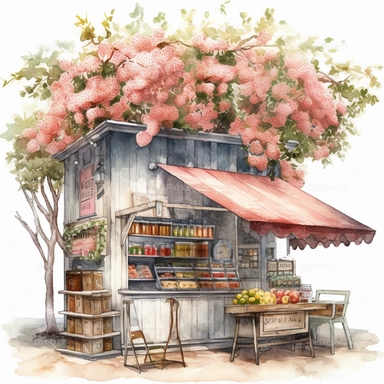 create a gorgeous high detail high quality watercolor clipart illustration of an old fashion fruit stand style store next to a large beautiful cherry tree, white background, no font, no text, NO WATERMARK