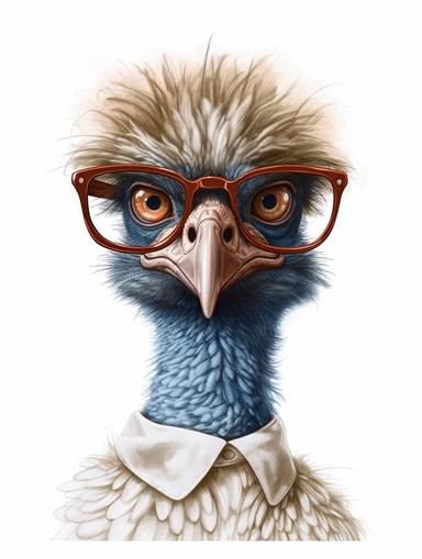 a portrait of a Emu wearing a white shirt and glasses, looking tired and done with life, vector illustration, clipart, outlines, portrait,