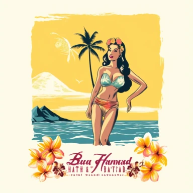 hawaiian girl on beach, retro cartoon drawing clipart, Hawaii PNG ,Maui Png ,Waikiki svg, Vintage Travel png, Tropical Sublimation, Preppy png, Coconut Girl svg, Trendy svg, Hibiscus SVG Tumblr, white background, mockup no shadow