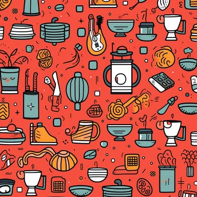 illustrated pattern, one color, flat linework drawing of small clipart style images, single line width, coffee cup, microphone, salmon, burger, turntables, disco ball, computer, drink glass, bottle, house plant, speaker
