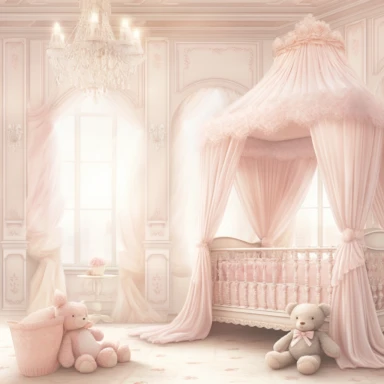 panoramic view, full view, beautiful elegant royal baby girl nursery room drawing painting, frilly, romantic, fantasy, ethereal, light pink and white colors, beautiful crib with beautiful full flowing canopy, beautiful bling crystal chandelier, soft pink teddy bear, beautiful large Victorian style window with beautiful pink flowing drapes, faux fur rug, sharp focus, high detail, 8k, illustration clipart style, transparent background