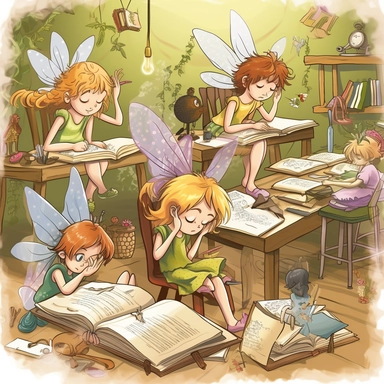 fairies making there homework in there room, detailed face, clipart style
