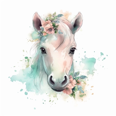 super cute newborn baby horse clipart with huge cute blue eyes long fur smiling painted in watercolour style, splashes, pastel pink and sage green floral elements, white background 8k hd