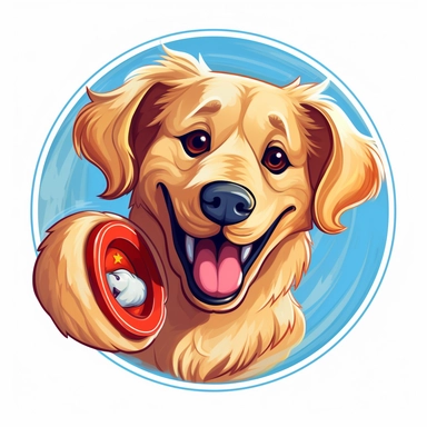 A clipart of a smiling Golden Retriever with a frisbee in its mouth, ready to play, designed on a white background.