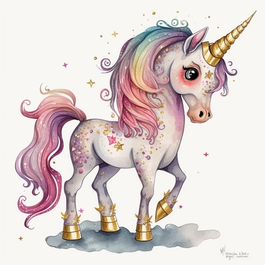 fantasy baby unicorn, clipart watercolor illustration, aquarallist, cute, big eyes, pretty pink, unicorncore, fairycore, free brushwork, watercolor, light and bright, four legs, gold horn, sparkle, skarklecore, detailed, isolated on a white background,