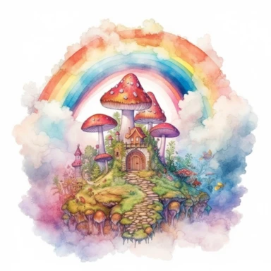 fantasy mushroom city in the clouds with a rainbow in the background. clipart. watercolour.