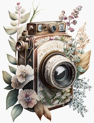 a watercolor old camera 1 photo lens only, colector's item, surrounded by an intricate arrangement of dramatic extravagant ultra realistic digital 3D giant white and brown lucky flowers, in the style of large-scale photography, lush detailing, watercolor style, pastel colors, photorealistic, playfully intricate, made of flowers, bloomcore, 8K, clipart, clear background