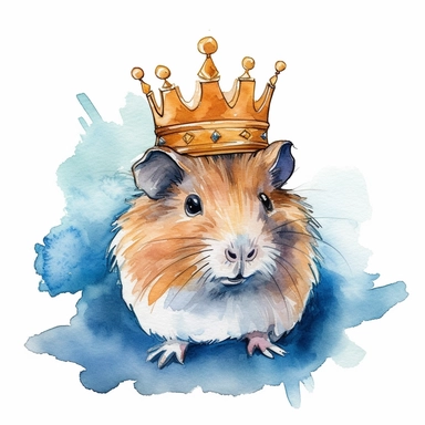 A playful watercolor clipart of a guinea pig with a crown, depicted as a cute furry royal with its adorable demeanor emphasized by the bold colors and thick outlines. White background, no shadowing.