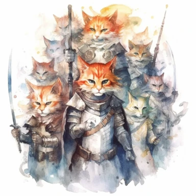 Paint an enchanting watercolor clipart scene showcasing a heroic cat-knight leading an army of feline warriors, each stroke of the brush capturing the courage and determination of the champions, as they confront a horde of fierce wolf-like demons. In HD on a white background.