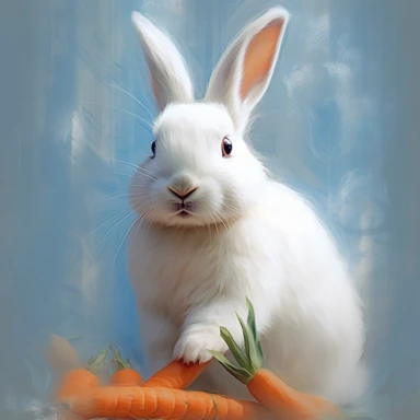bunny with carrot clipart, in the style of infused symbolism, white and azure, contest winner, distinctive noses, petcore, wimmelbilder, controlled spontaneity--ar1:1