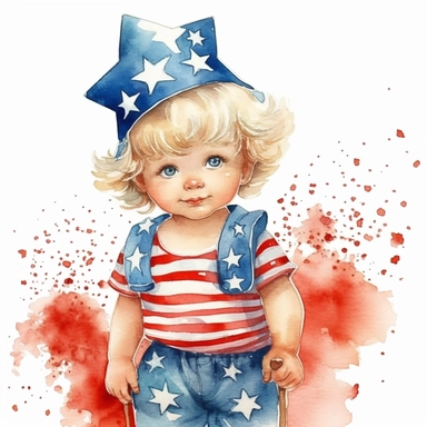 watercolor illustration, cute 1st of July clipart, high resolution, detailed doodle, white background, detailed clipart USA