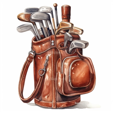 Idyllic watercolor clipart of a brown leather golf bag and 8 clubs, isolated on a pure white background, insane detail,