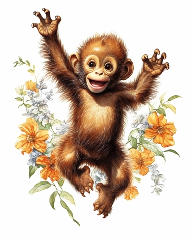detailed watercolor Baby Monkey jumping on flowers , hyper realistic, isolated on a white background, clipart
