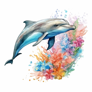 A big overrealistic bottlenose dolphin with watercolor effect,coral reefs,deep water,dark water scene,suitable for digital clipart,white background Clipart ,Cartoon,hyper realistic, intricate detail, illustration style,high solution,on the white background