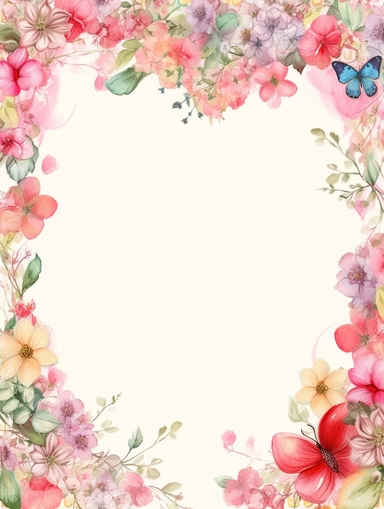 frame for poster, narrow vignette along the sides and the corners of the picture, little cute wild bright clipart flowers like hearts vignette, soff pastel blank center of the picture,