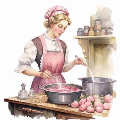 A Victorian woman in a pink apron, making rose petal jam in a blush-colored kitchen, Clipart, watercolor, white background, intricate detail.