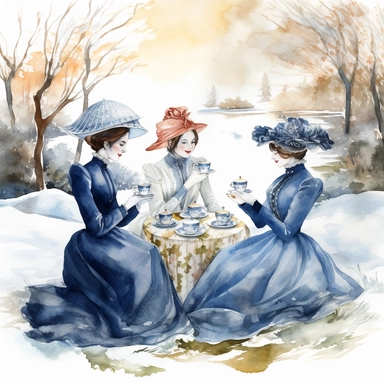 complex watercolor illustration of four victorian women/ladies having a Garden Tea party in a euphoric winter landscape, cottagecore, in KARL MARTENS style isolated,concept,art,8k,hd,watercolor,detailed,white backround,clipart