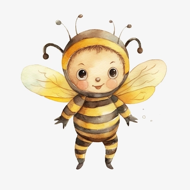 an animated baby bundle bee clipart with watercolor illustration,full body shot,8k,etsy style, white background